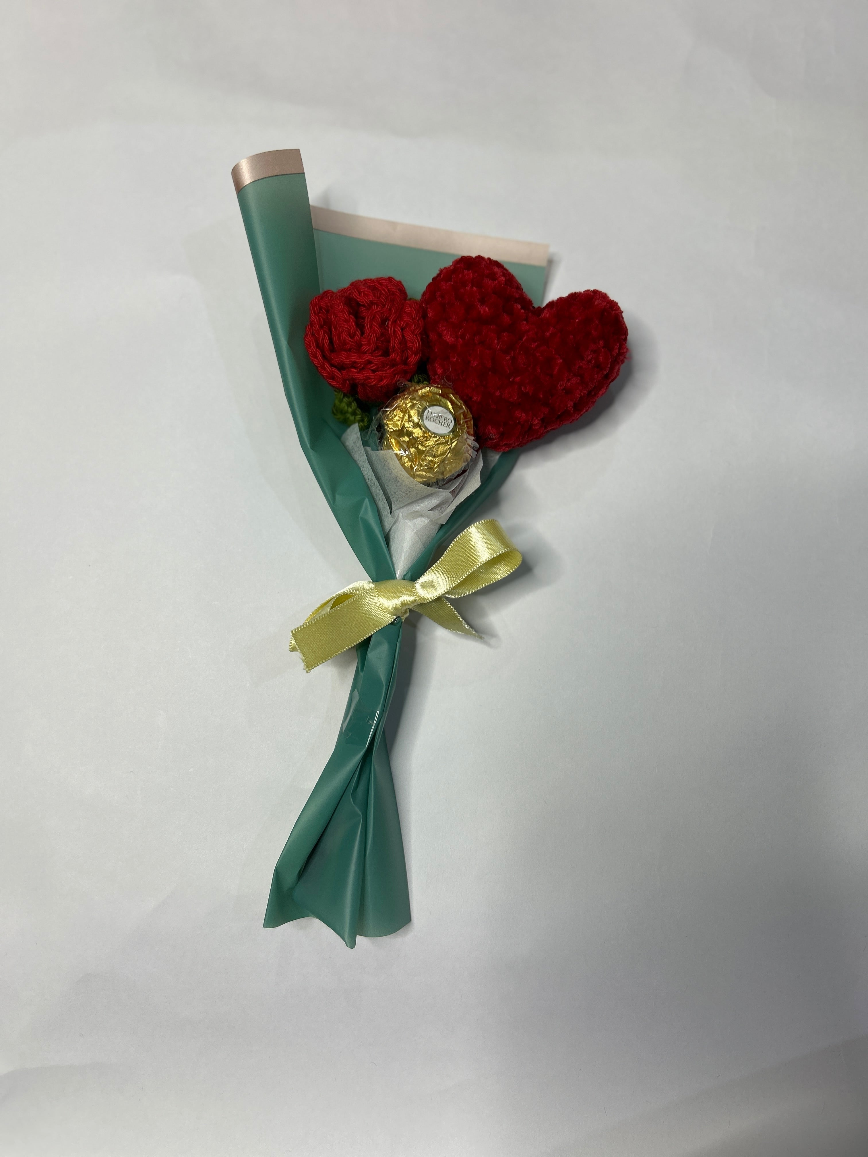 Crochet heart with red rose - includes ferrero rocher